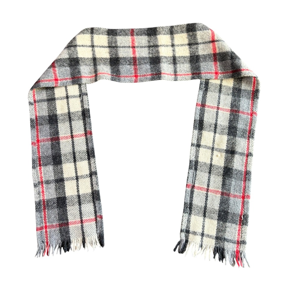 Vtg Gray Plaid Tartan Winter Scarf Fringe Edge Unisex Red Black Cream Soft Knit